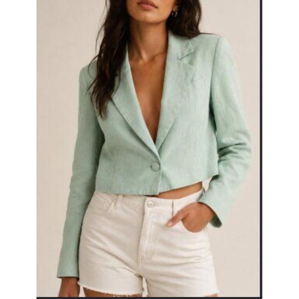 Abercrombie & Fitch Linen Cotton Cropped Mint Green One Button Blazer Jacket